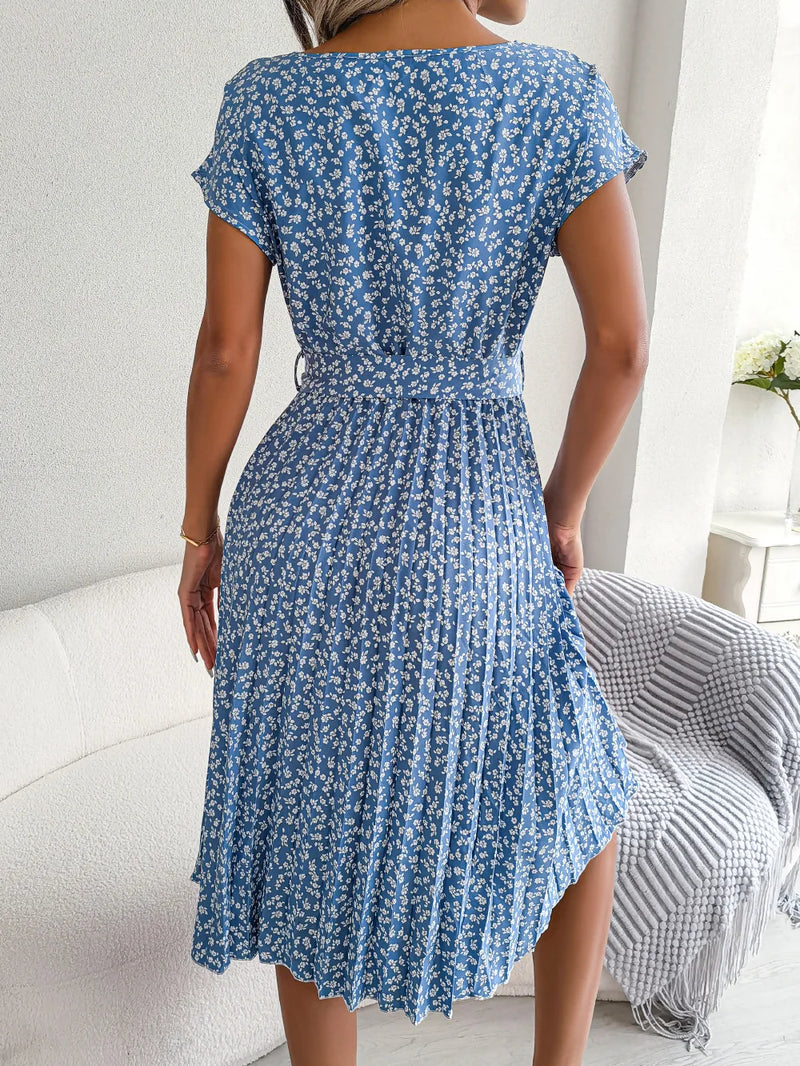 Women Spring Summer Short Sleeve High Waist Chic Dress Fashion Floral Pleated A Line Long Dress