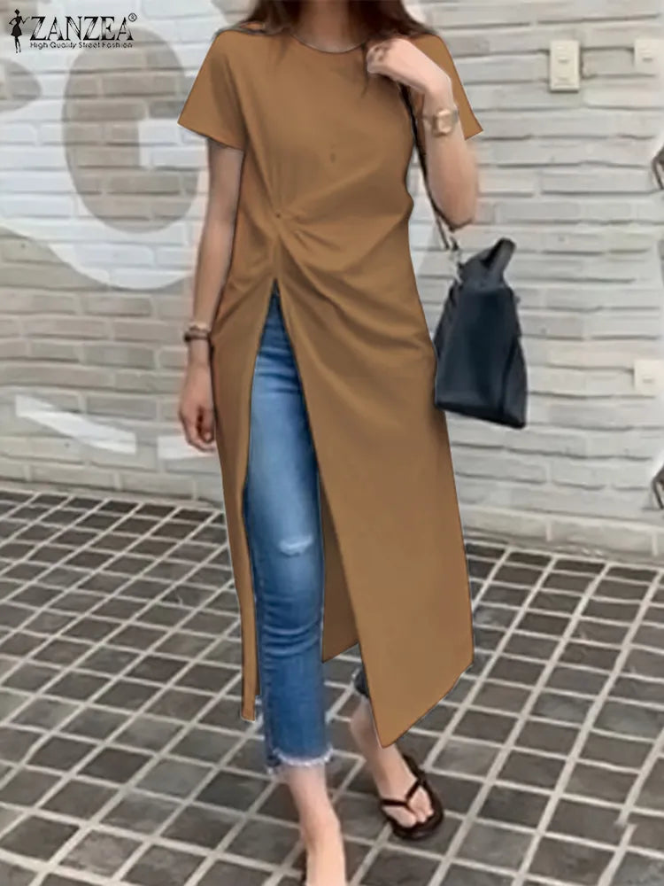 2023 Summer Irregular Midi Tops Casual Solid Split Tunic Oversized ZANZEA Women Fashion Blouse Ladies O-neck Loose Blusa Femme 1