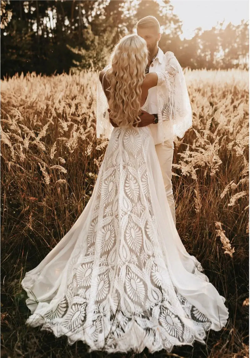 Hippie Crochet Lace Wedding Dress 2023 With Slit Sexy Backless Chic Civil Bohemian Wedding Dresses With Sleeves Romantic Bride