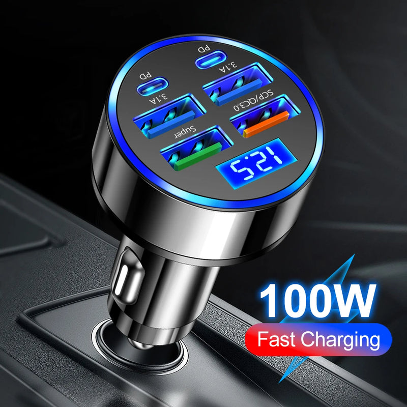 100W 6 Ports Car Charger Fast Charging PD QC3.0 USB C Car Phone Charger Type C Adapter in Car For iPhone Samsung Huawei Xiaomi