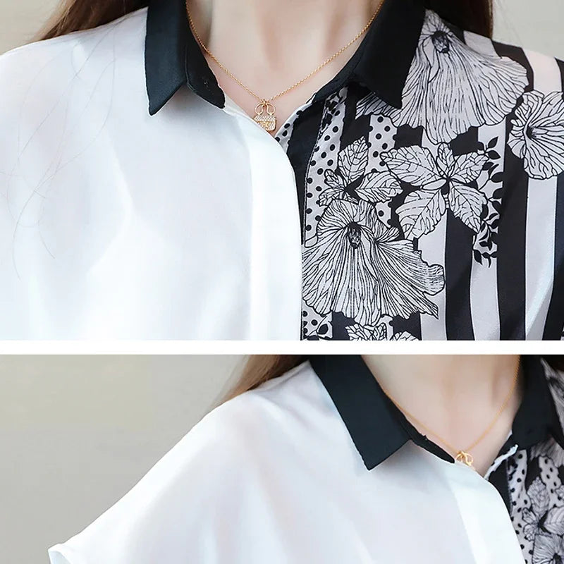 2024 Summer Chiffon Shirts Women Fashion Contrast Color Floral Print Short Sleeve Blouses Blusas Mujer De Moda Cardigan 9205 50