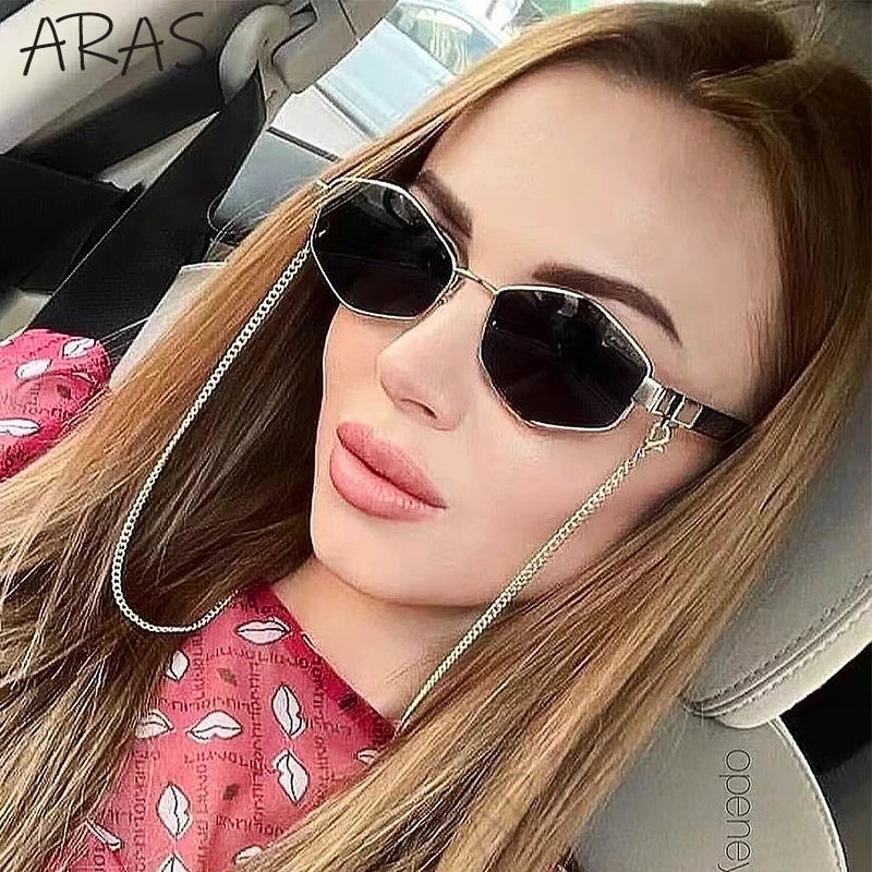 Trendy Retro Hexagon With Chain Sunglasses Women 2023 Brand Designer Unique Polygonal Sun Glasses For Female Small Frame Eyewear