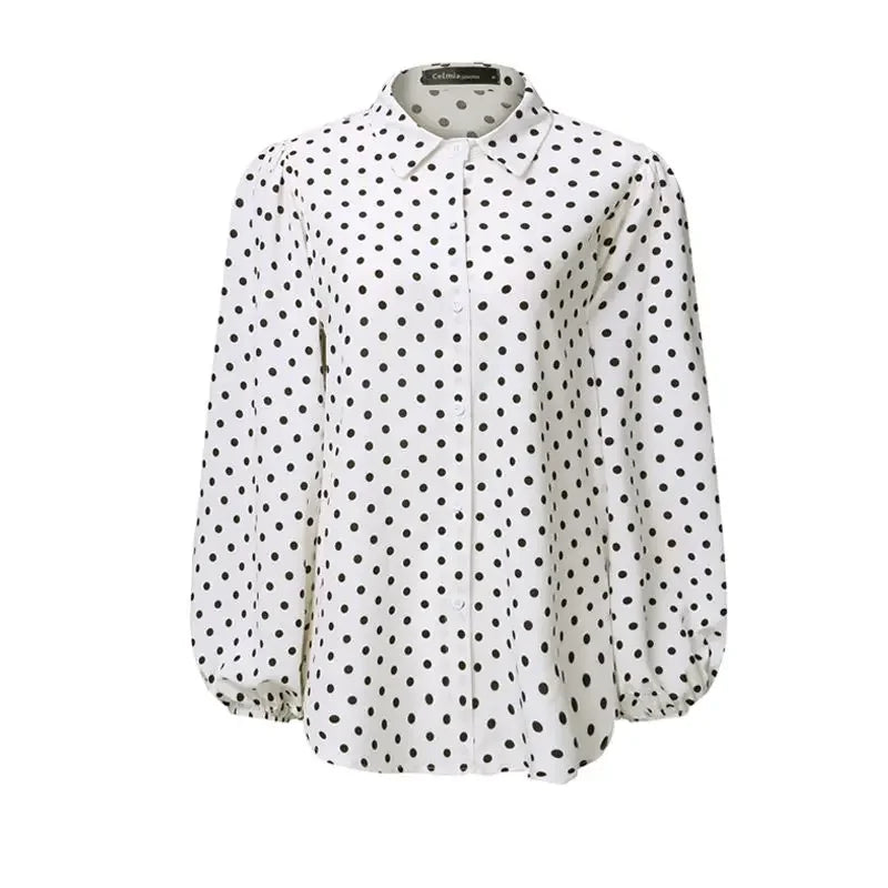 White Black Polka Dot Blouse Women Tops New Autumn Spring Cardigan Women Shirts Loose Lantern Sleeve Ladies Clothing 12372