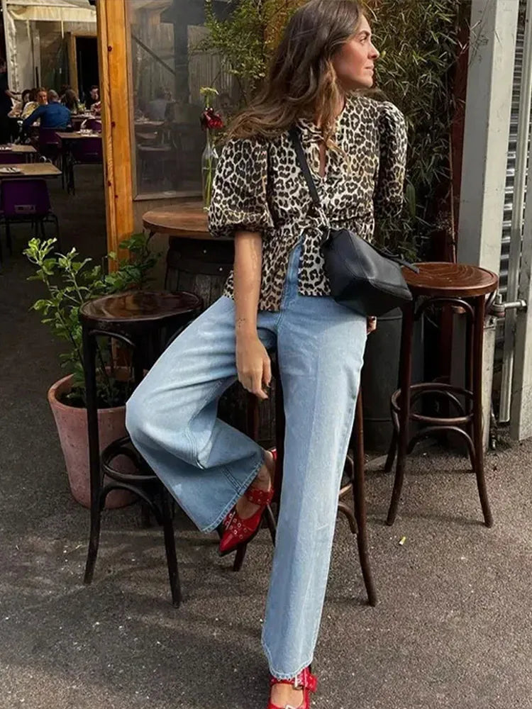 Leopard Bow Lace Up Women Shirts Blouses 2024 Loose Solid Puff Sleeve Pleat Shirt Top Spring Summer New Cropped Lady Streetwear