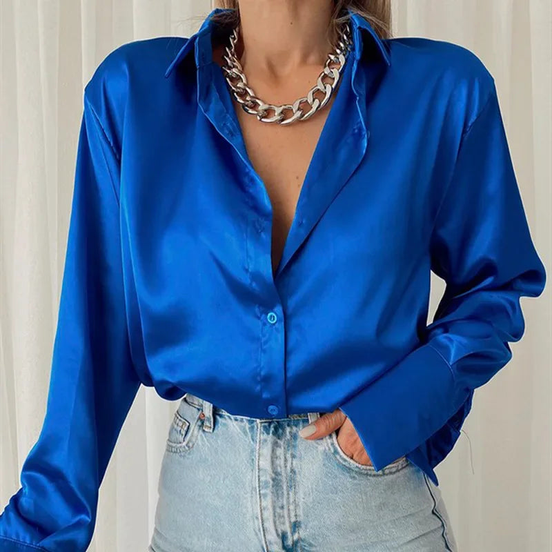 Satin Women's Shirt Polo Collar Office Lady blouse Vintage Blue Green Silk Shirt Loose Button Up Down Shirts Black Fashion Tops