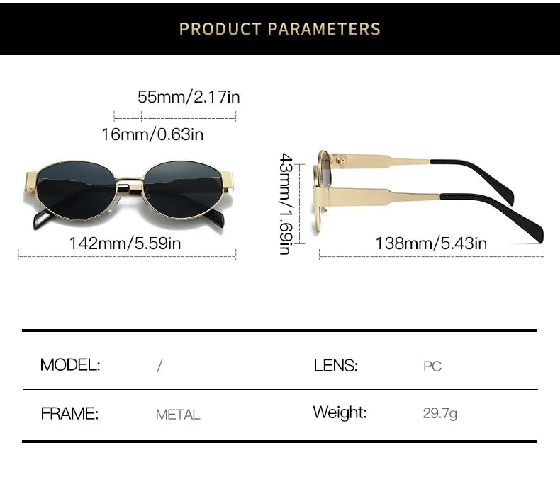 Trendy Oval Sunglasses for Women 2024 Luxury Brand Designer Metal Frame Sun Glasses Ladies Classic Vintage Round Shades Unisex