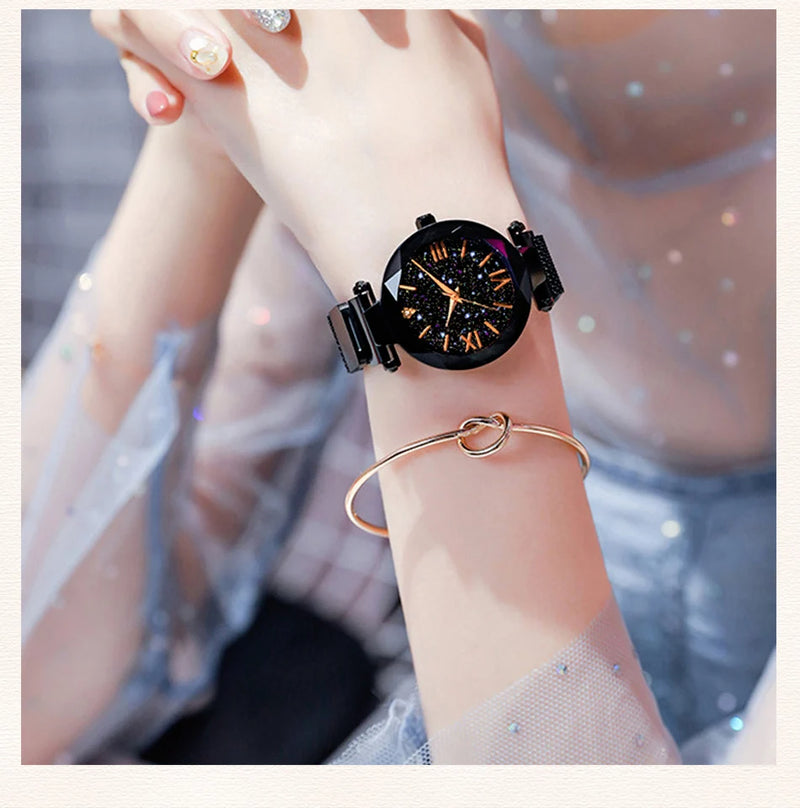 Womens Fashion Starry Sky Watches Magnet Buckle Mesh Belt Diamond Quartz Watch Women Dress Clock