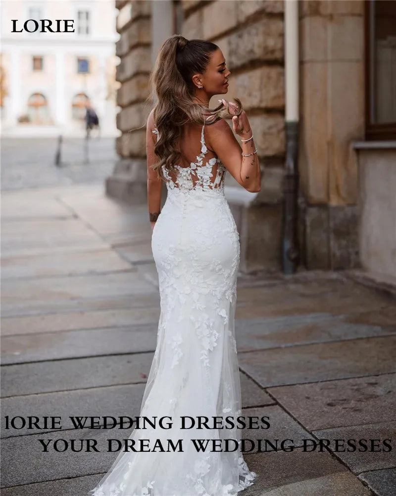 LORIE Lace Mermaid Wedding Dresses Spaghetti Straps Lace Appliques Bride Dress V Neck Elegant Soft Tulle Wedding Gowns 2023