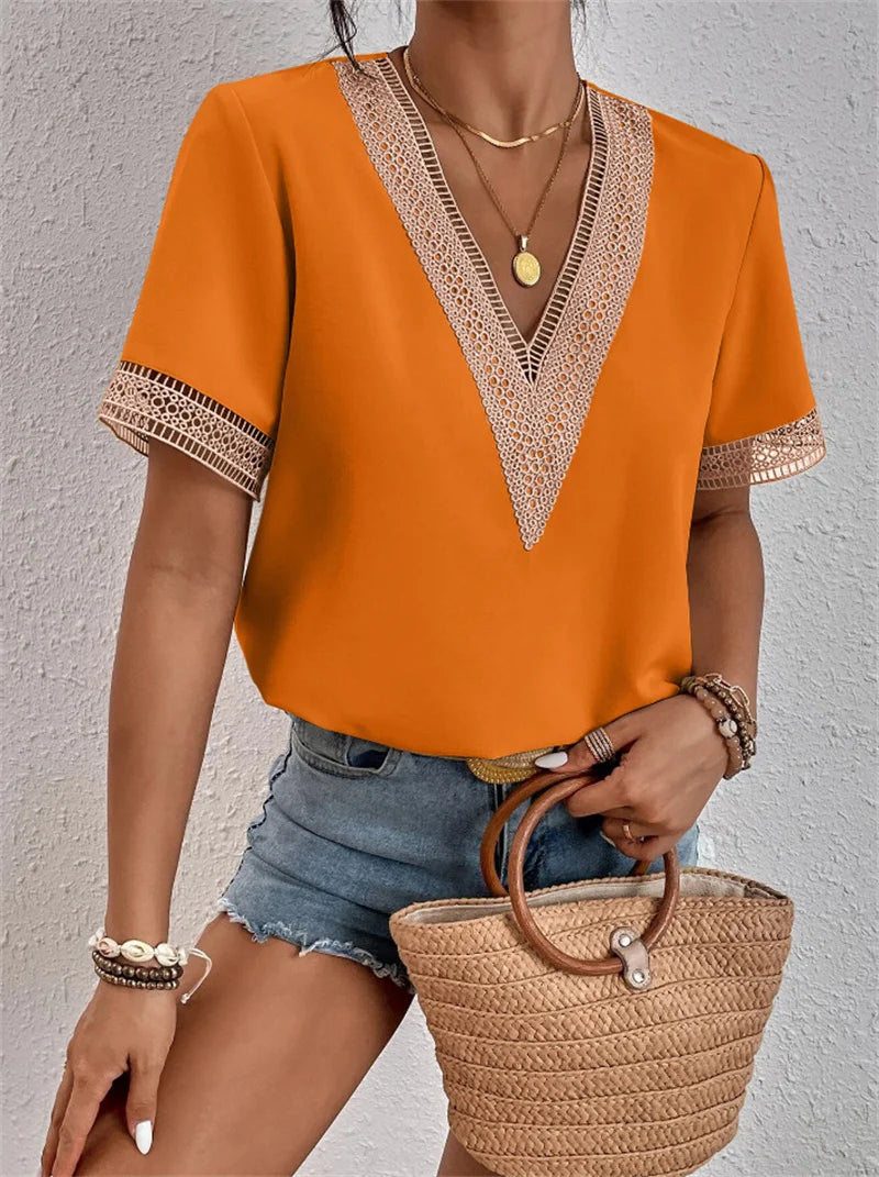 Women's V-neck Splicing Lace Blouse Elegant Commuter Loose Short Sleeve Shirt Female 2023 Summer British Style Daily Casual Tops