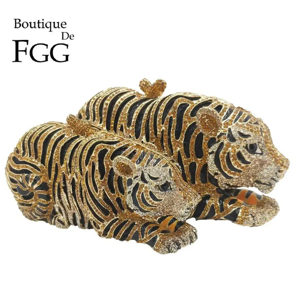 Boutique De FGG (in stock) Women Gold Tiger Clutch Minaudiere Evening Bags Diamond Wedding Handbag Bridal Purse Party Dinner Bag