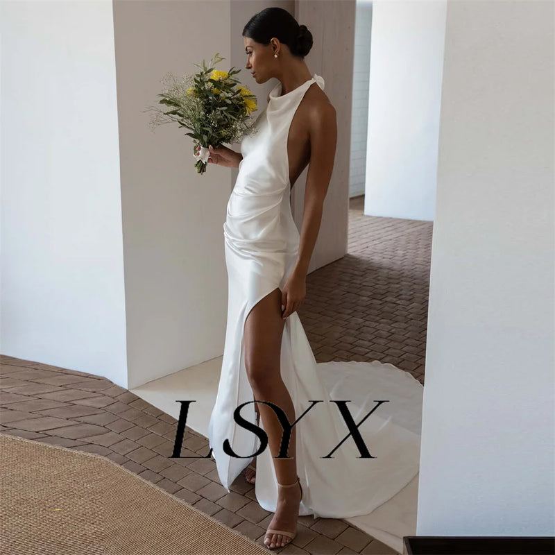 LSYX Halter Sleeveless Simple Mermaid Wedding Dress Satin Open Back High Side Slit Floor Length Bridal Gown Custom Made