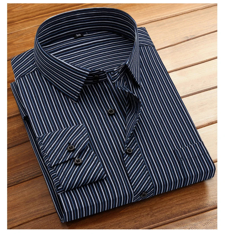 Cotton Men's Classic Long Sleeve Striped Basic Dress Shirts Single Patch Pocket Formal Business Standard-fit Office Social Shirt