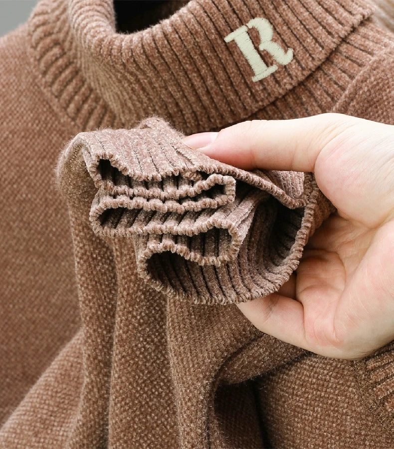 Luxury brand sweater men's high neck designer new trend R embroidery casual Korean top winter plush thick warm knitted pullover