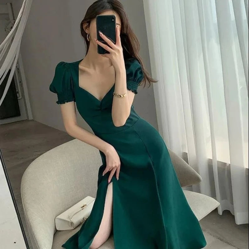 Solid Puff Short-Sleeved Elegant Dress Women Clothing Wedding Guest New Year Women Fashion High Waist Slim Evening Party Dresses