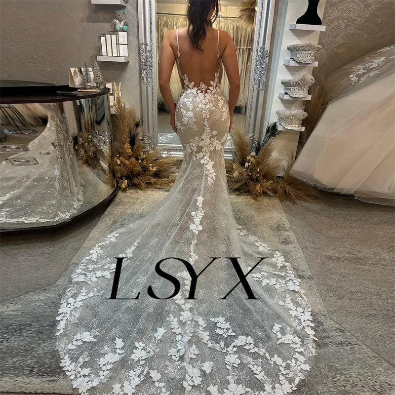 LSYX Deep V-Neck Sleeveless Appliques Shiny Tulle White Mermaid Wedding Dress 2024 Open Back Court Train Bridal Gown Custom Made