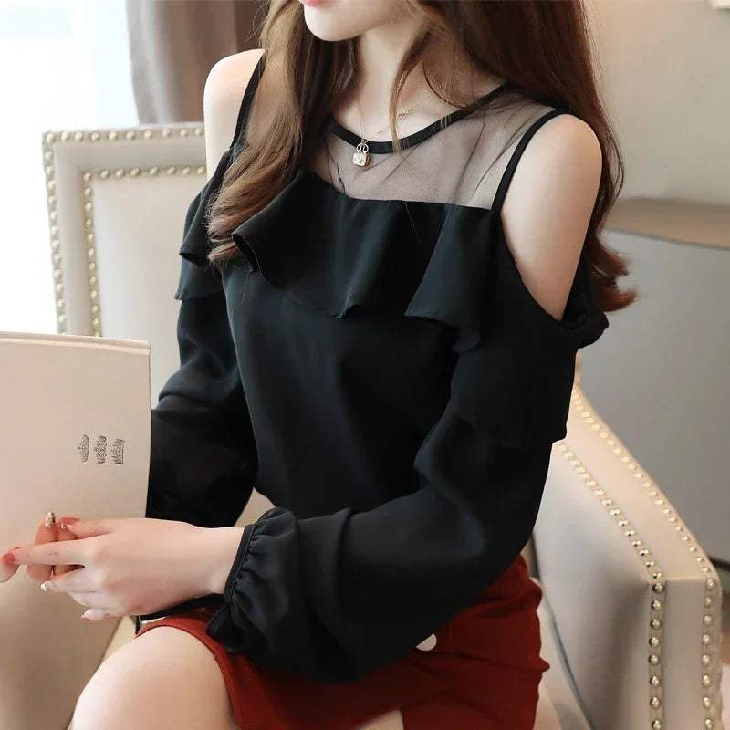 Casual Off Shoulder Tops Solid Long Sleeve Chiffon Blouse Blusas Mujer De Moda 2023 Autumn Women Tops and Blouse  6756 50