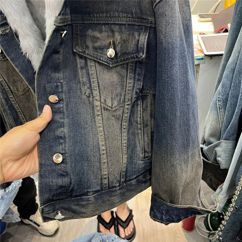 Denim Spliced real fur Coat for Women 2023 Autumn Winter New Thickened Fur Liner Stylish Short Denim Jacket Y4435