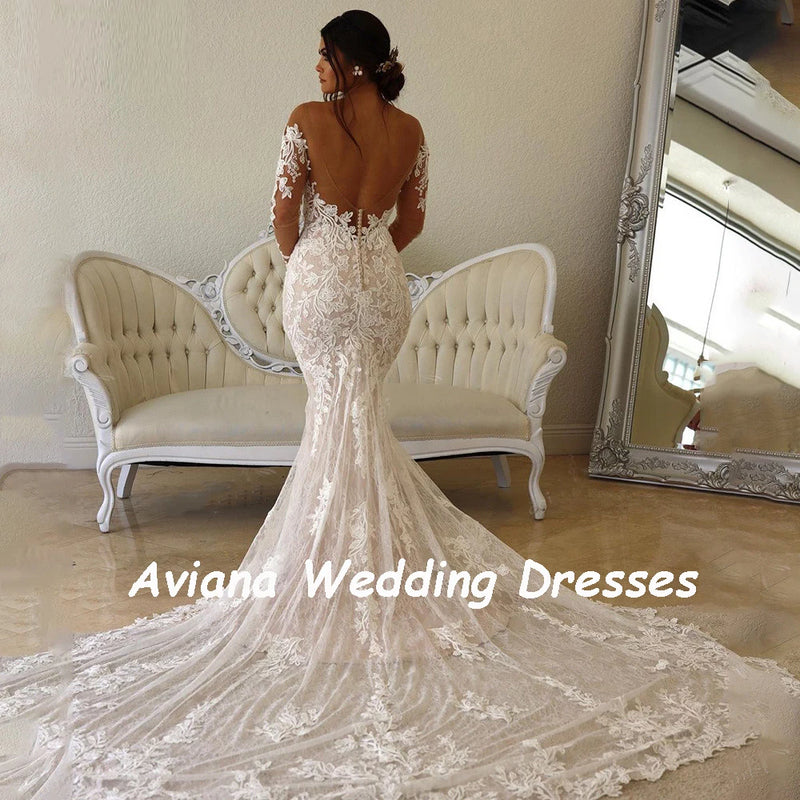 Aviana Long Sleeve Beach Mermaid Wedding Dresses Lace Appliques Sheer O Neck Bridal Dress Illusion Wedding Gowns Robe Mariage