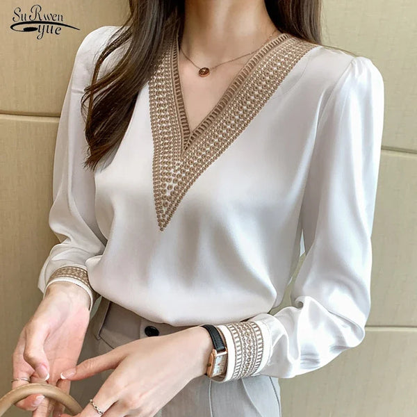 New Fashion White V Neck Chiffon Women Shirts Casual Loose Long Sleeve Women Blouses Tops LooseFemale Clothing Blusas 13366