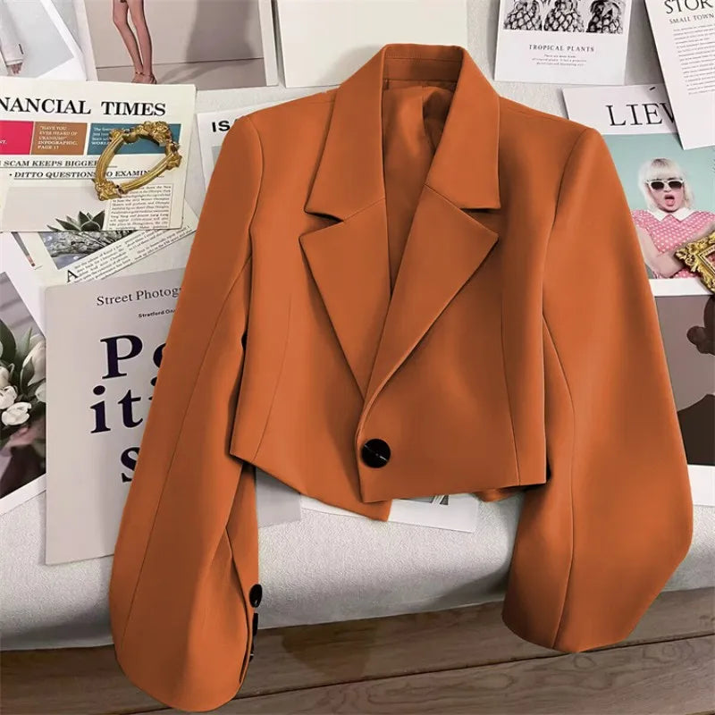 Korean Cropped Blazers Women Autumn Solid Color Simple Single-button Outwear Teens All-match Long Sleeve Office Lady Suit Jacket