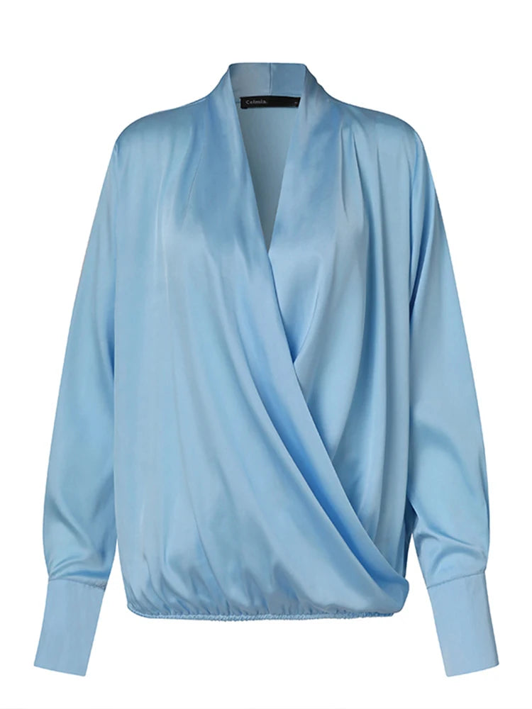 Celmia Women Satin Wrap Shirts 2023 Fashion Deep V Neck Blouses Casual Elegant Solid Long Sleeve Top Tunic Blusas Feminina