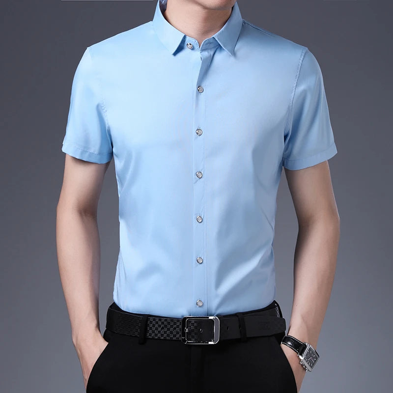 Men's Business Casual Solid Color Short Sleeved Shirt Non Ironing Comfortable Top