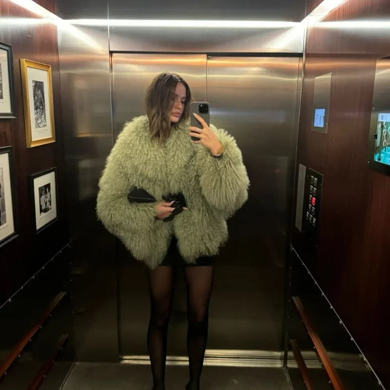 Green Fashion Oversize Plush Fur Coat For Women Elegant Soft Warm Long Sleeves Loose Jackets Winter Chic 2024 Street Outerwear ﻿
