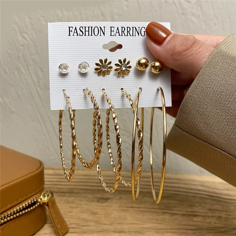 Boho Big Circle Hoop Earring Set for Women, Gold Color Bohemia Vintage Pearl Earring, Heart Zircon Ear Studs Jewelry Gifts