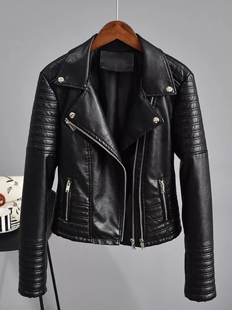 FTLZZ Autumn Faux Leather Jacket Women Turndown Collar Pu Motorcycle Black Punk Coat Female Rivet Zipper Outerwear