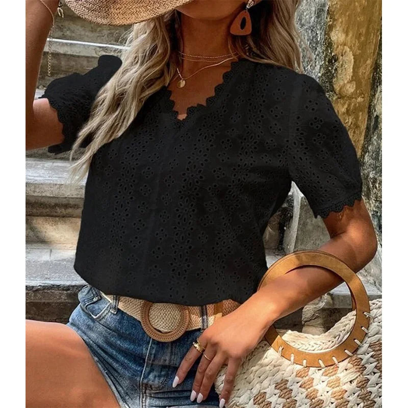 2022 Summer New Office Lady Elegant Fashion Lace Spliced Hollow Solid Shirt V-neck Puff Sleeve Leisure Pullover Blouse Femme