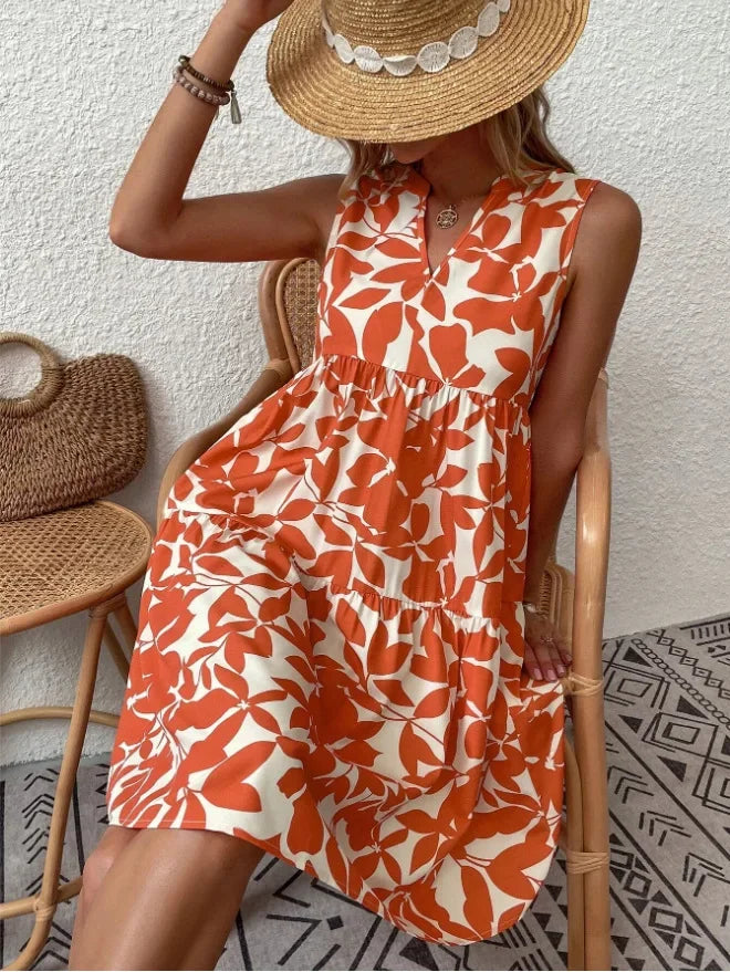 Women Boho Print Mini Dress Summer Elegant Sleeveless V Neck Ruffle A Line Tank Dress Casual Loose Oversize Beach Party Sundress