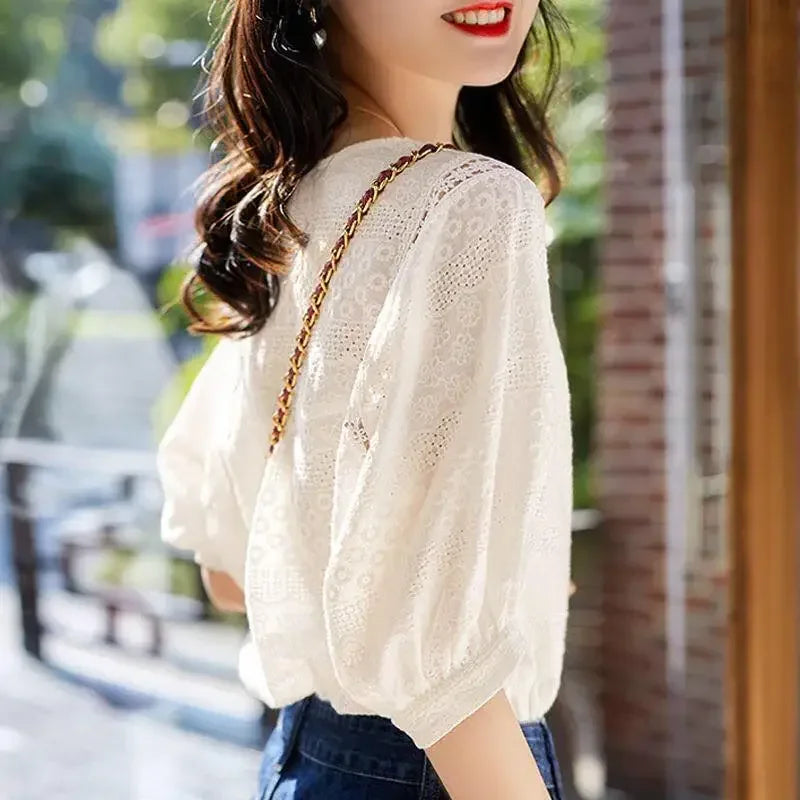 2023 Summer New Korean Fashion Women's Lantern Sleeve Loose Shirts Embroidery Cotton Lace O-neck Casual Blouses Clothes 13440