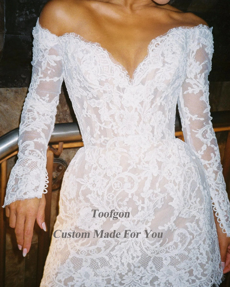 Toofgon Full Lace Mini Wedding Dresses For Bride Long Sleeves Formal Bridal Gowns Sweetheart Wedding Party Gowns robes de mariée