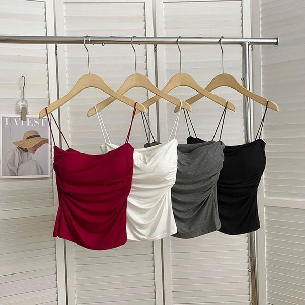 Women's Sleeveless Top Tank Underwear Fitted Camisole Sexy Short Top With Thin Straps Plain White Tank Top Korean Style