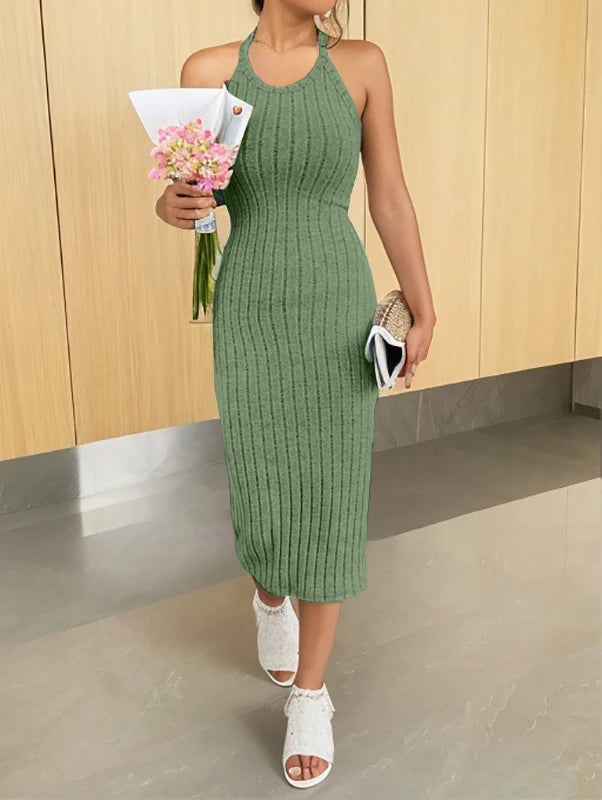 Solid Halter Neck Bodycon Dress Dodycon Dress Fashion New Designer Ribbed Midi Dress Women's Sleeveless Ribbed Knit Tank Dress