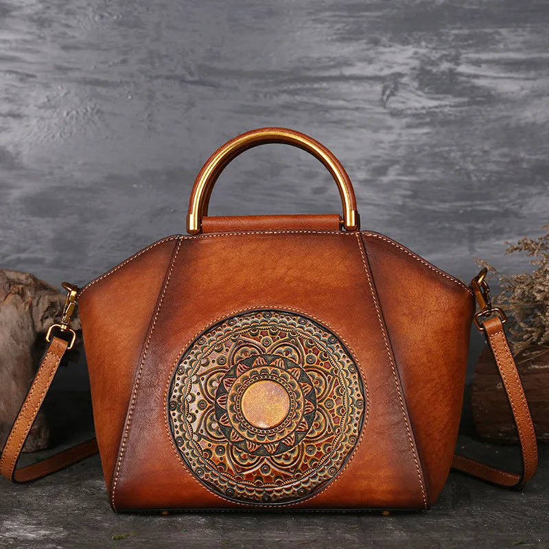 Genuine Embossed Leather Messenger Top Handle Bag Retro Handbag Totem Pattern High Quality Natural Skin Women Shoulder Tote Bags