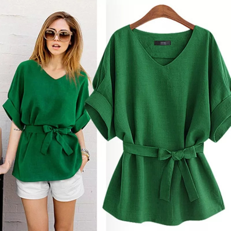 Women's T-shirt V-Neck Green Blouses Tops Women 2024 Casual Cotton Linen Solid Short Sleeve Shirt Summer Clothes for Women