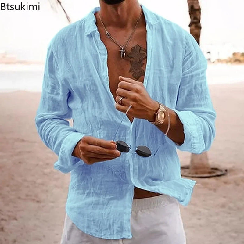 2024 Men's Cotton Linen Shirts Top Simple Laple Solid  Man Shirts Tops Comfortable Loose Casual Holiday Shirts for Men Blouses