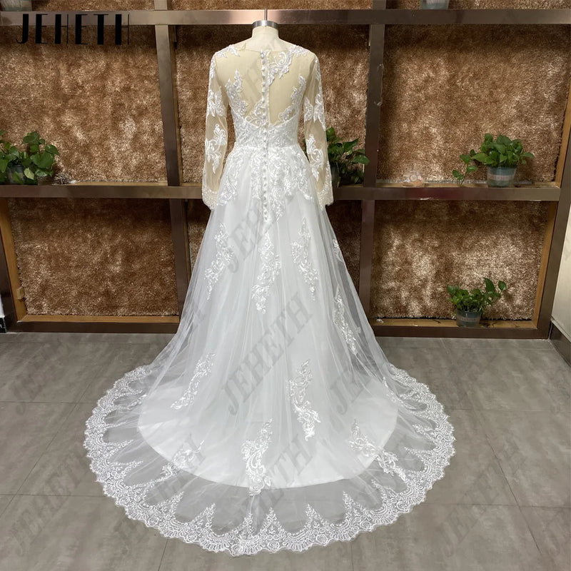 JEHETH Elegant A-Line Wedding Dresses For Women Long Lace Sleeves With Appliques Bridal Gown Illusion Tulle vestidos de novia