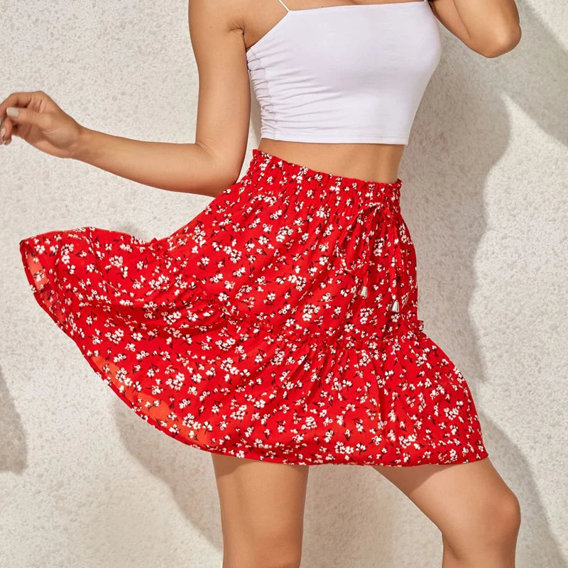 Women Floral Print Skirt Summer High Waist Ruffles Short Skirt Female Sweet Streetwear Casual Mini Skirts Boho Bottoms