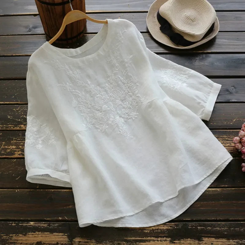 Simple Embroidery Blouse Women   Loose Summer Tops Short Sleeve Solid Color O Neck Bottoming Cotton Tees Ladies Clothes