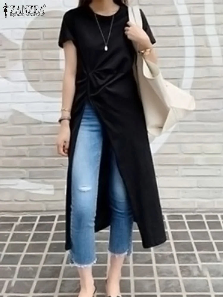 2023 Summer Irregular Midi Tops Casual Solid Split Tunic Oversized ZANZEA Women Fashion Blouse Ladies O-neck Loose Blusa Femme 1