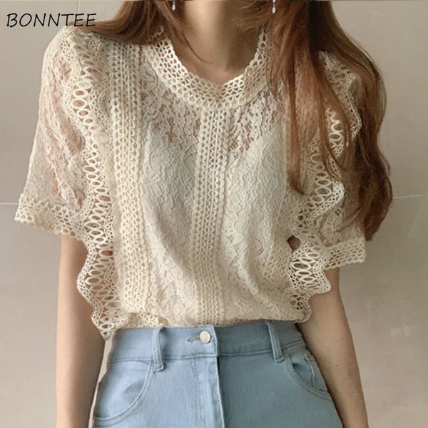 Cropped Shirts Women Short Sleeve O-Neck Casual Lace Hollow Out Elegant Fashion Retro All-match Slim Summer Chic Top Ulzzang Ins