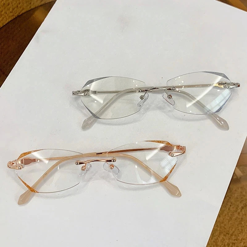 Women's Reading Glasses Fashion Rimless Diamond Cutting Frame Presbyopic Eyeglasses Optical Farsighted Eyewear Diopter 0 To +4.0