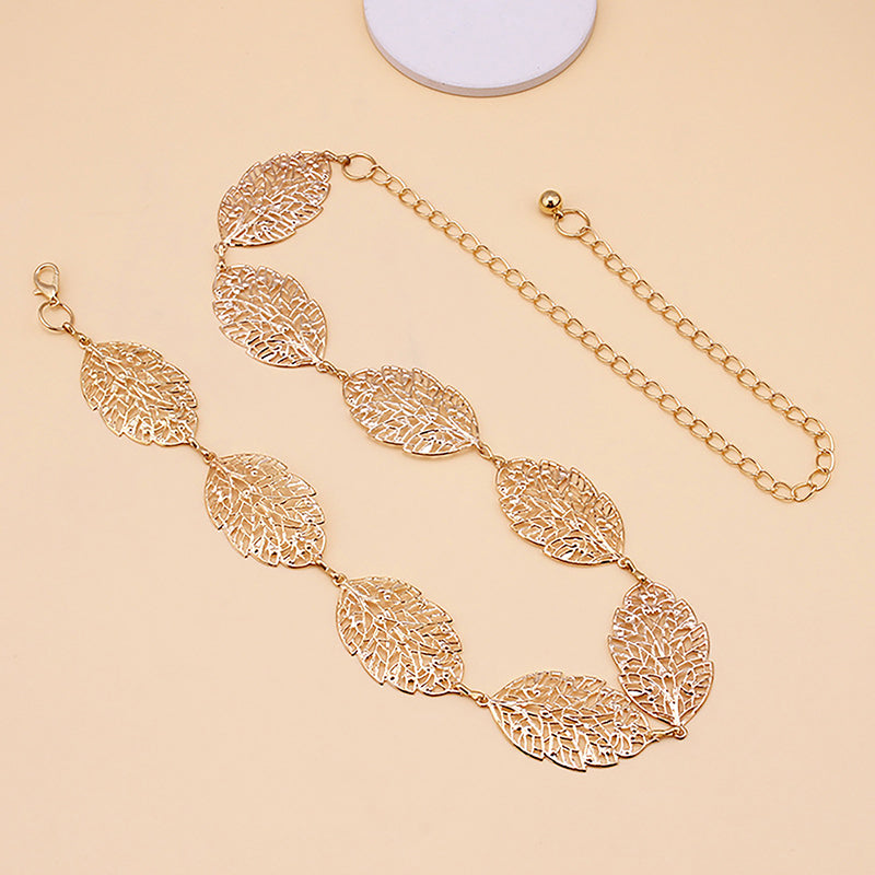 Fashion Simple Openwork Leaf Decorated Chain Belt Thin Waist Chain Ladies Decoration Waistband Dress Metal Jewelry Accessories