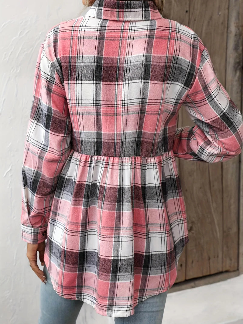 Plus Size Casual Blouse, Women's Plus Plaid Print Button Up Long Sleeve Turn Down Collar Blouse