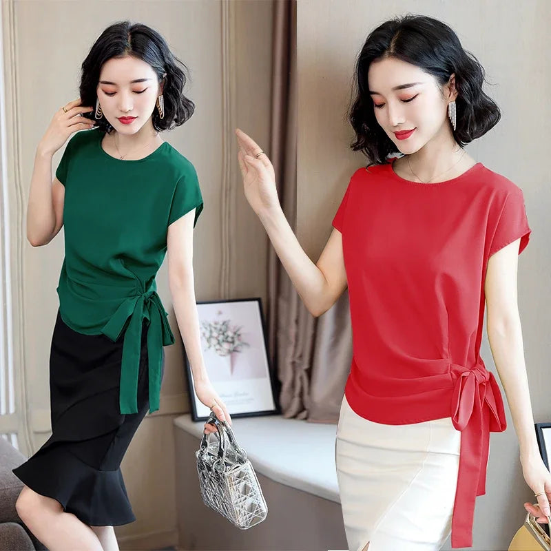 Summer Silk Short-Sleeved Women's Blouse And Tops Office Lady LooseSolid Bow Shirts Women Blusas Mujer De Moda 9899