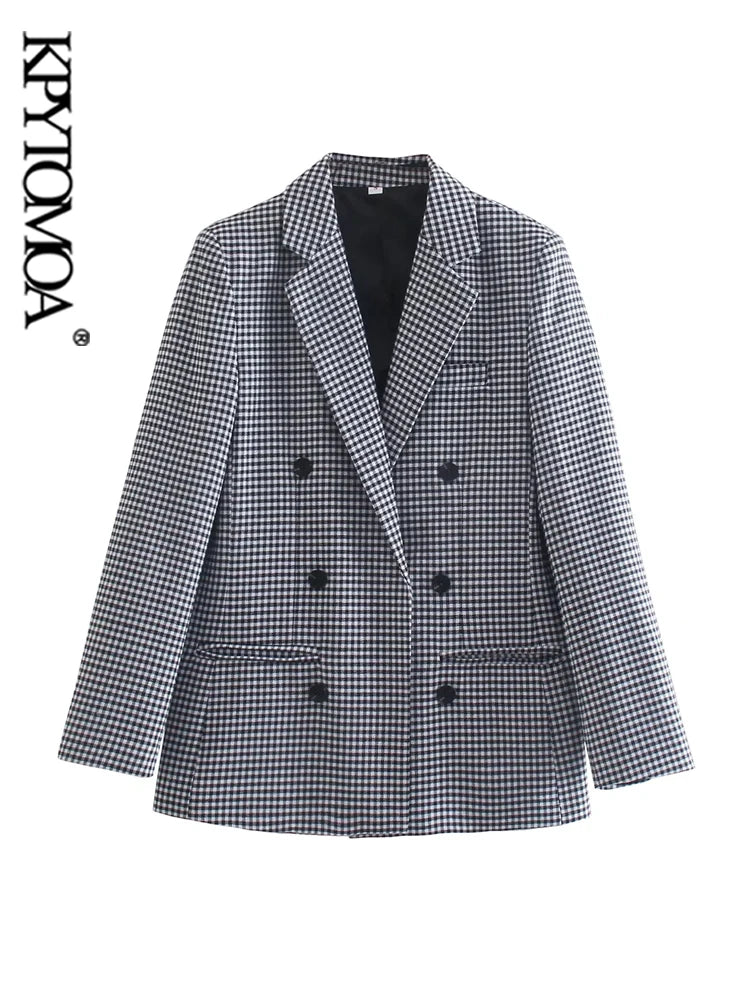 KPYTOMOA Women Fashion Office Wear Double Breasted Check Blazers Coat Vintage Long Sleeve Pockets Female Outerwear Chic Tops