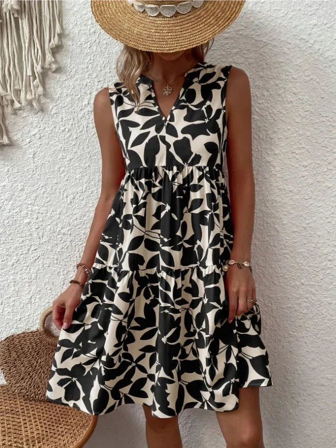 Women Boho Print Mini Dress Summer Elegant Sleeveless V Neck Ruffle A Line Tank Dress Casual Loose Oversize Beach Party Sundress