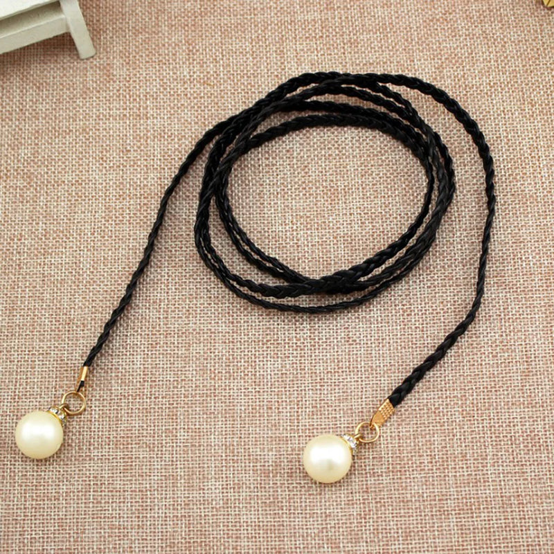 140CM Long Vintage Bohemian Knot Thin Belt Women Elegant Pearl Elastic Braided Waistband Female Summer Seaside Dress Waist Ropes